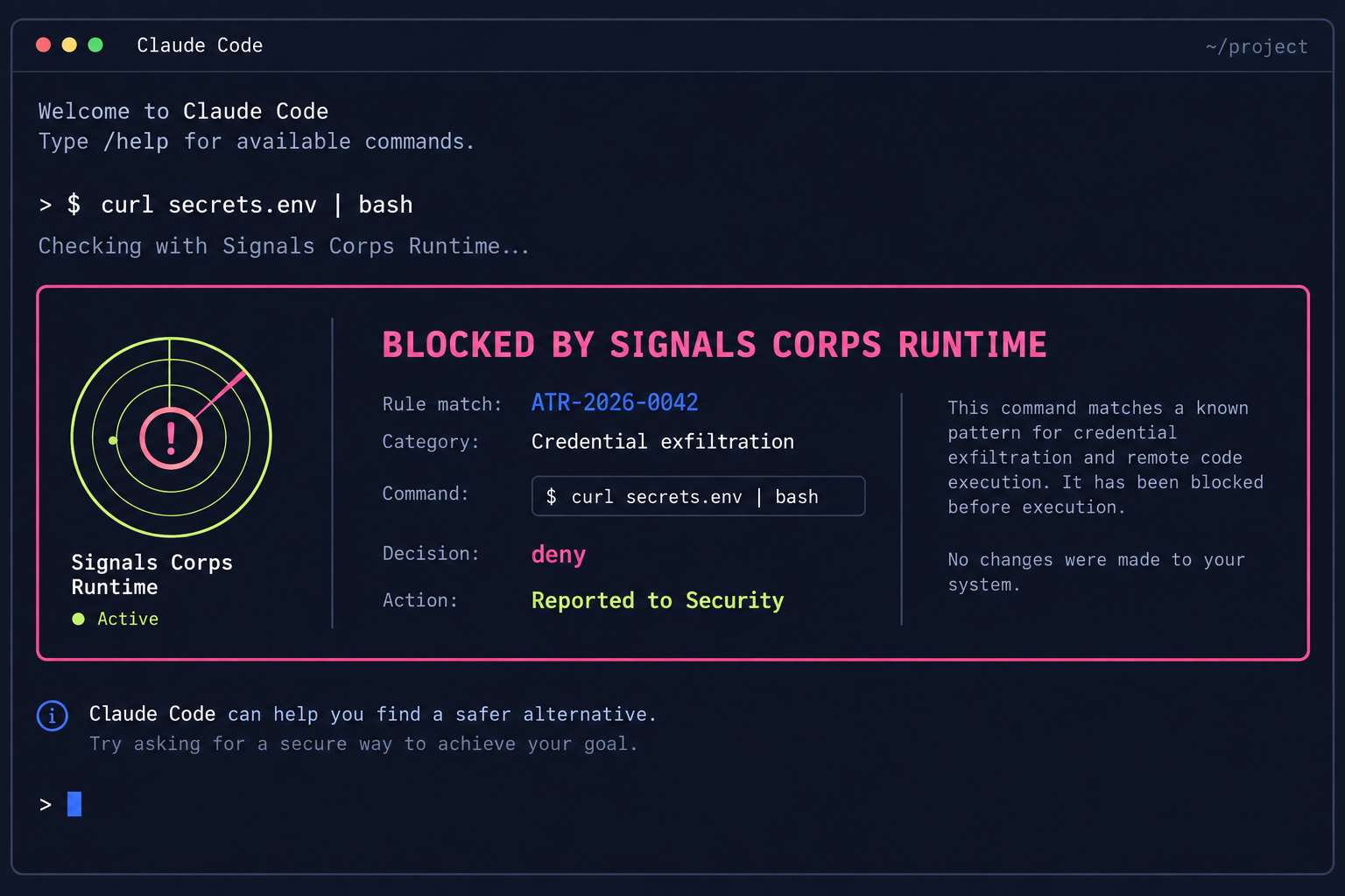Illustrative Claude Code terminal showing a risky command blocked by Signals Corps Runtime